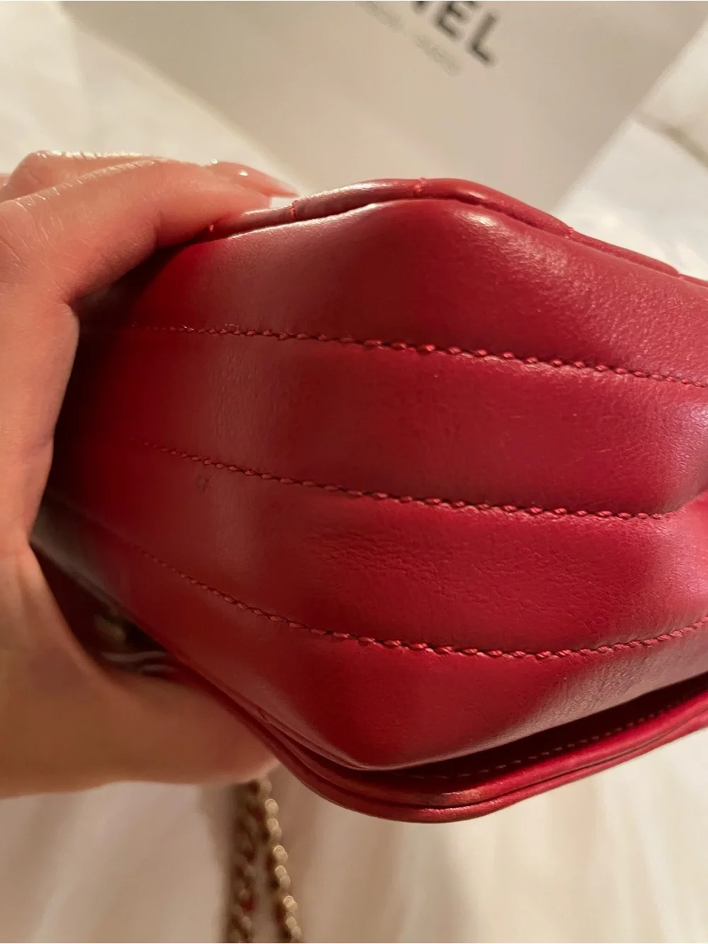 CHANEL Red Quilted Chevron Shoulder Bag with Gold CC Lock